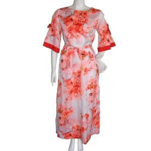 MAIER Shops Hawaiian Maxi Dress, 12, Split sleeve/Bow, Sash Belt Red/White